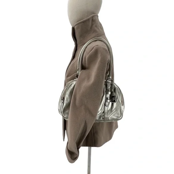 Cole Haan Silver Leather Zipper Top 3 Compartment Satchel Bag Purse Women's - Picture 4 of 13